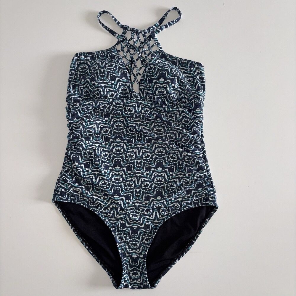 Swimsuits For All Blue Print One Piece Swimsuit Size 12 High Neck Halter